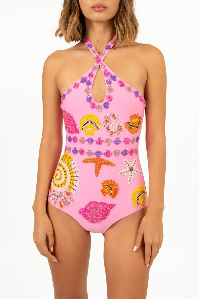 Sirena Cross Over Swimsuit In Pink New York Print | Oceanus