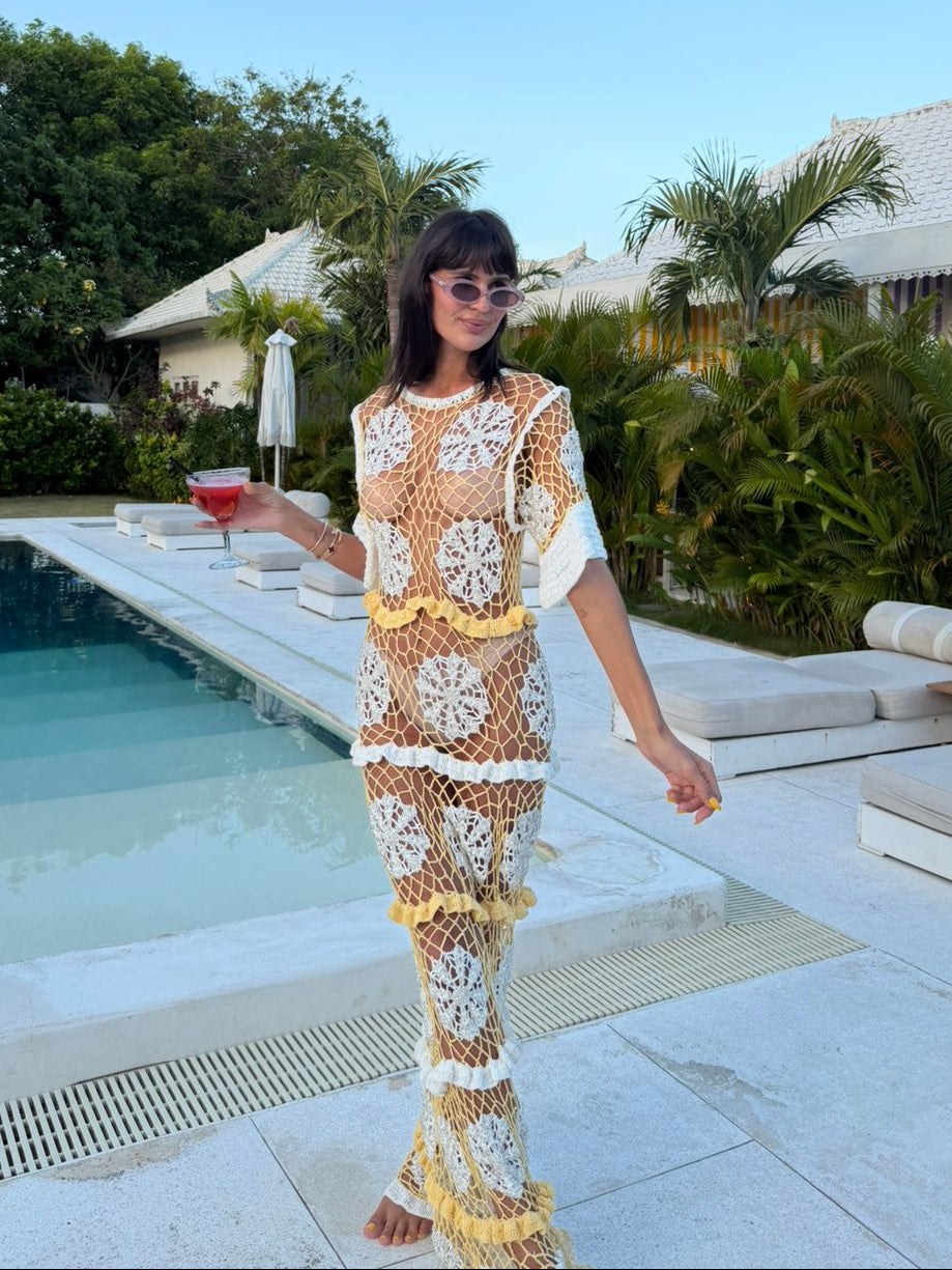 Daisy Crochet Dress White and Yellow – Miami Sample