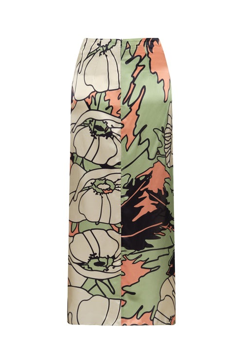 Amaime Satin Silk Midi Skirt / Sage Gladiolos