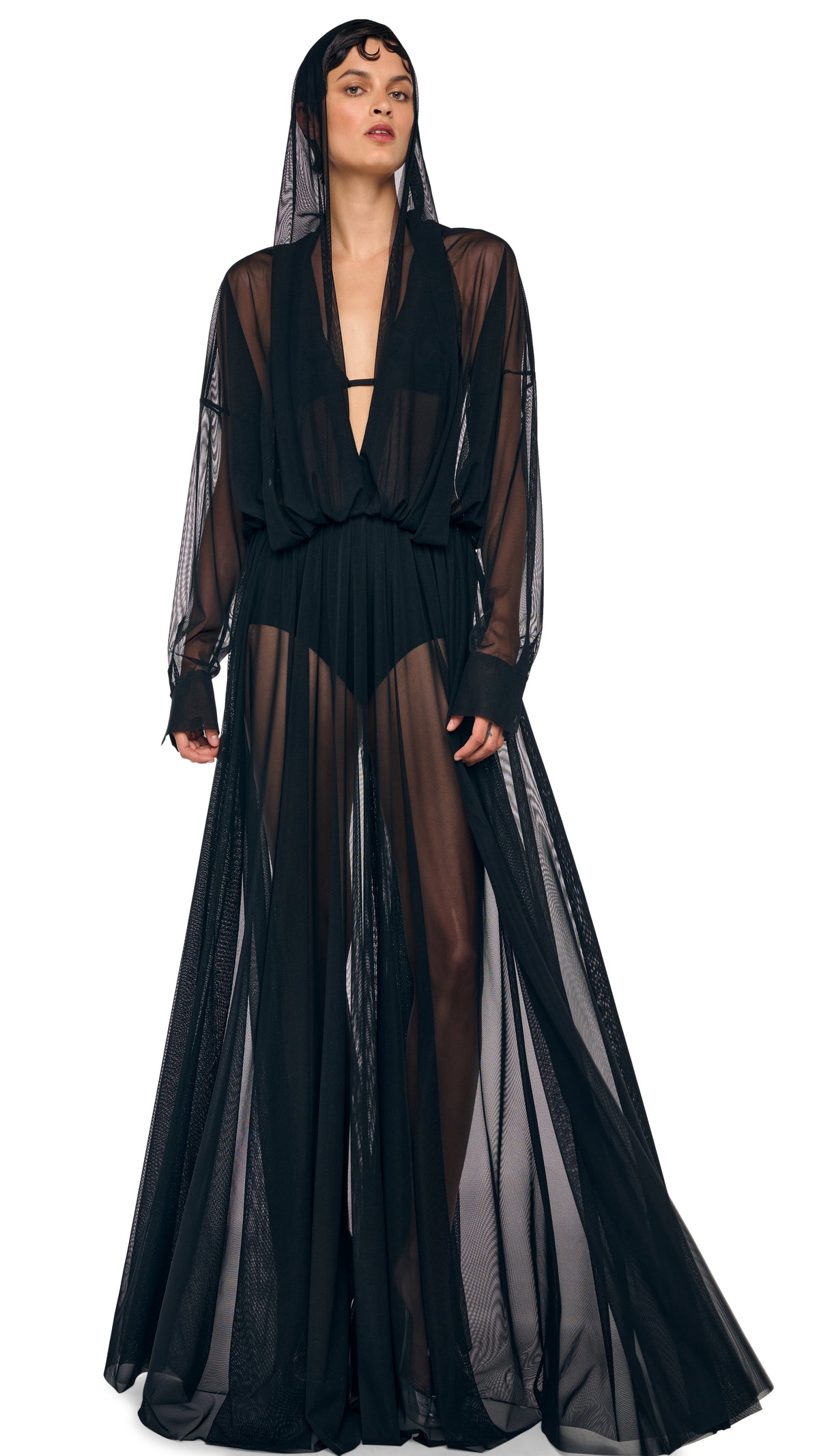 HOODED SUPER OS BF NK SHIRT FLARED GOWN