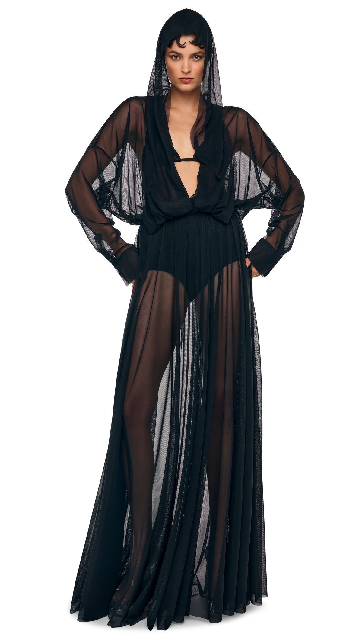 HOODED SUPER OS BF NK SHIRT FLARED GOWN