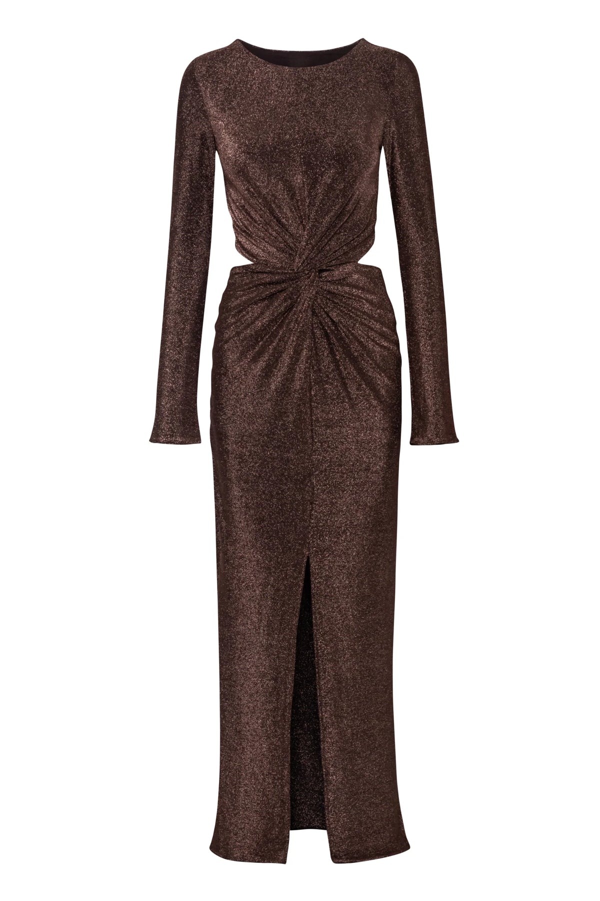 Vestido Luxor shimmer con recortes laterales, detalle de nudo y tela brillante.