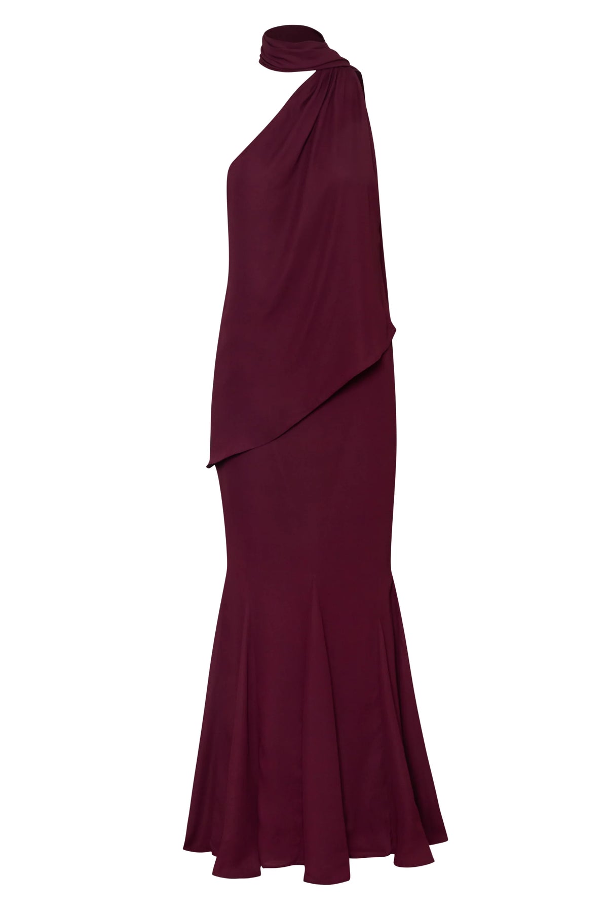Burgundy Ari Top, front view on hanger, asymmetrical neckline and structured silhouette.