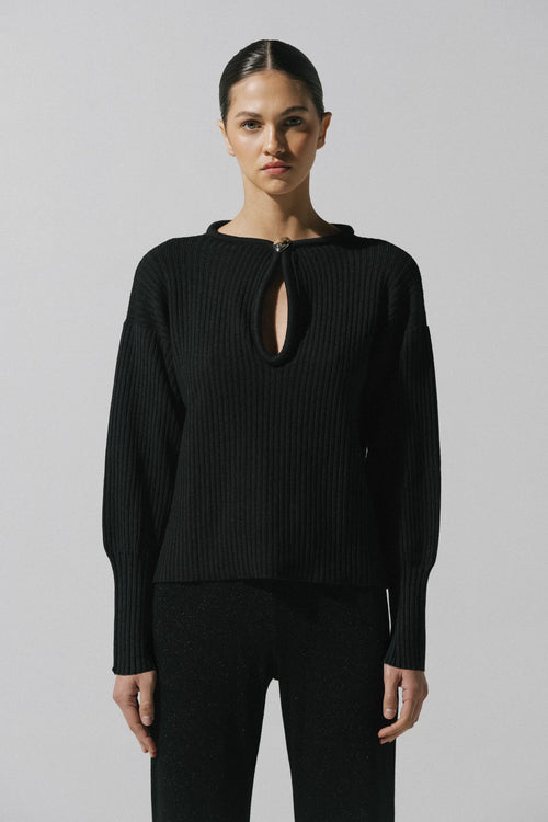 Akila Sweater by Baobab in black color, Round neckline with Front cutouts and Embellished hardware.