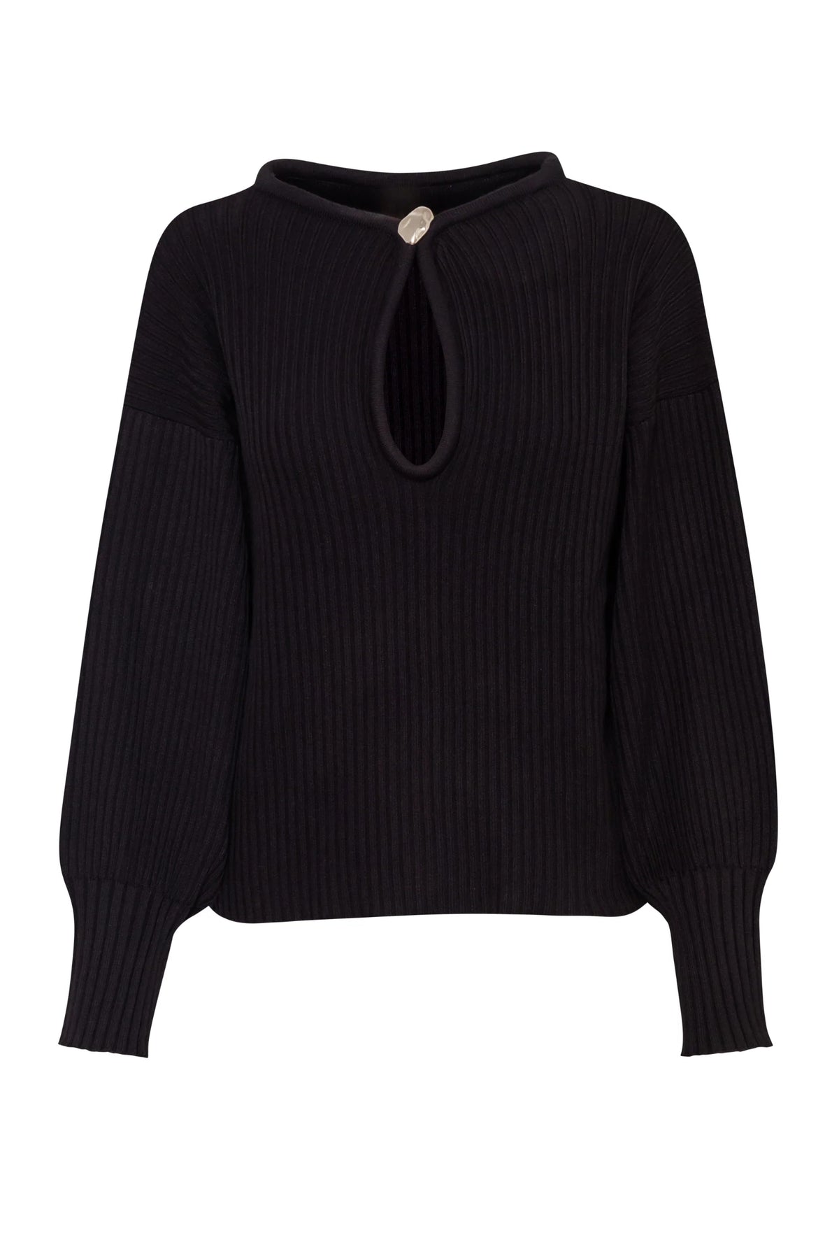 Black Akila Sweater, front view with Long sleeves and Ribbed knit fabric.