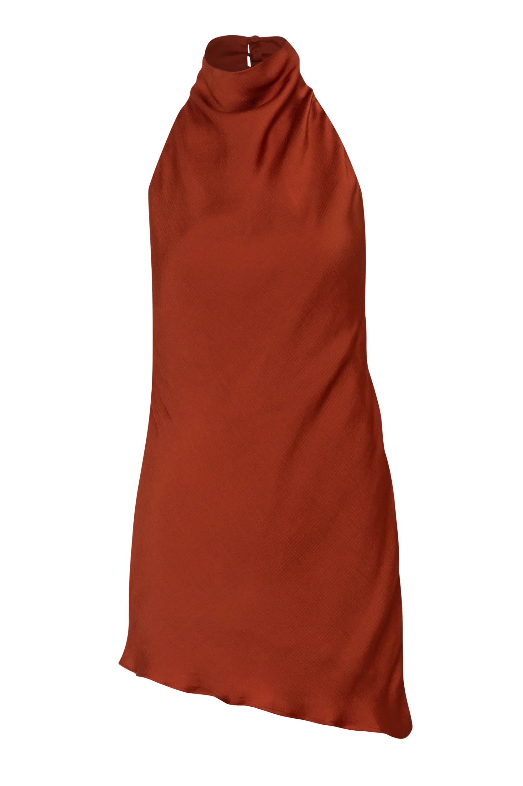Terracotta Numa Top with Halter Neckline, Textured fabric and Asymmetrical hem.