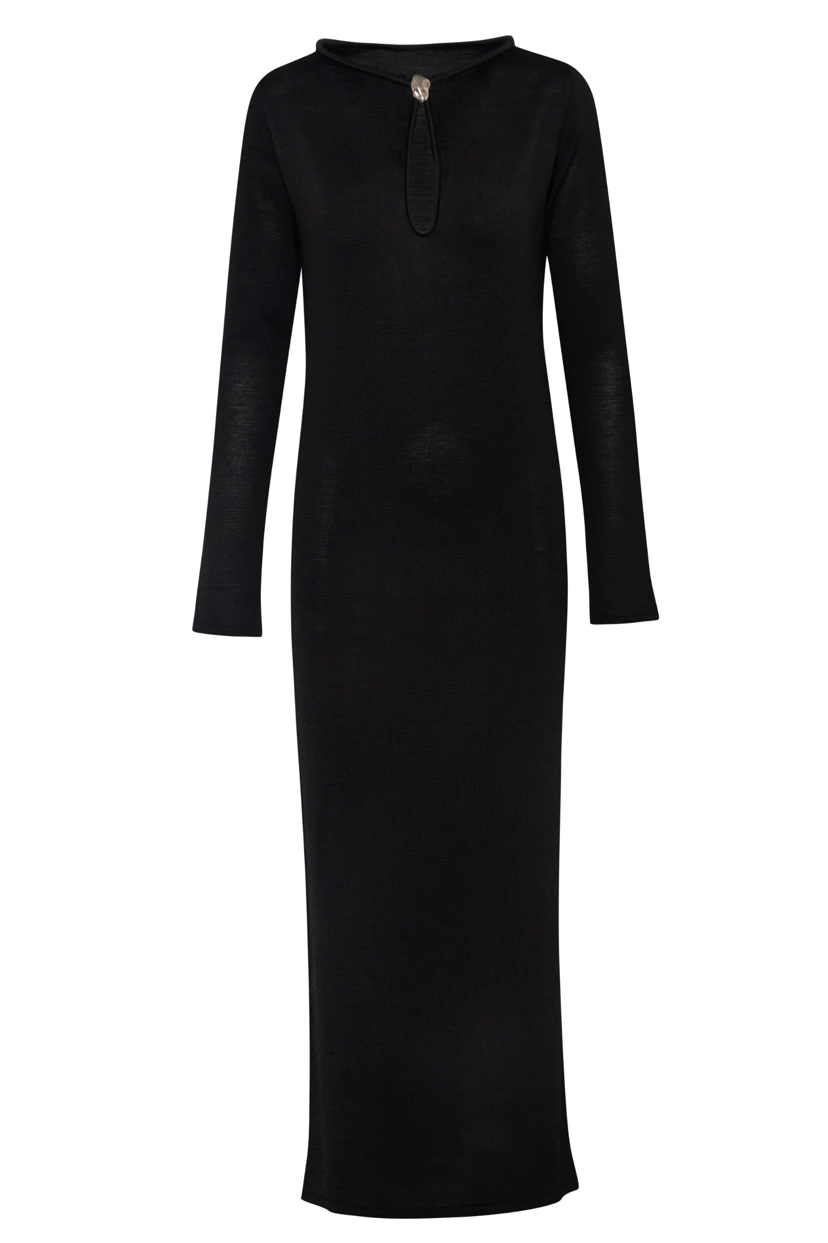 Black Ramila Dress, full front view with Long sleeves and Knit fabric.