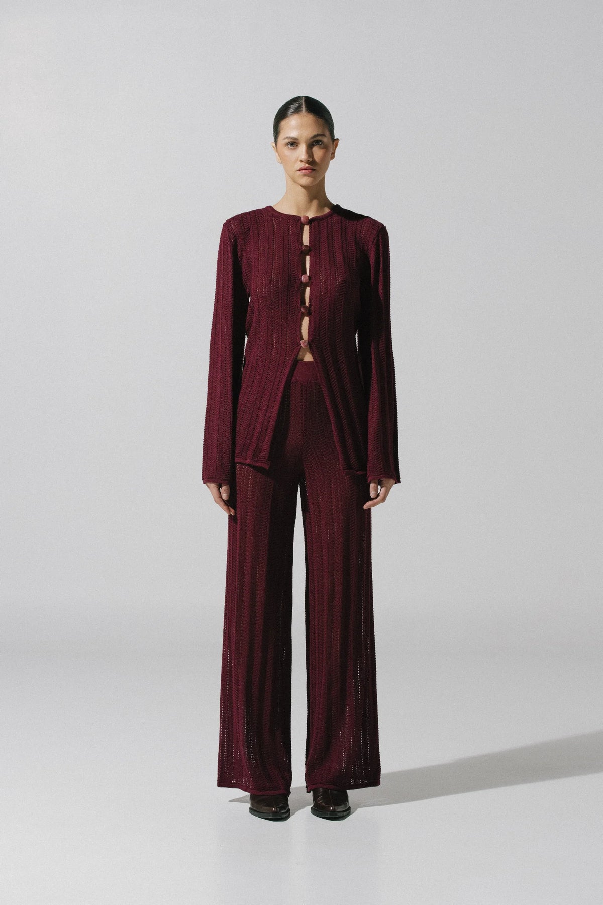 Burgundy Corsica Top, back view with relaxed silhouette and Unlined design.