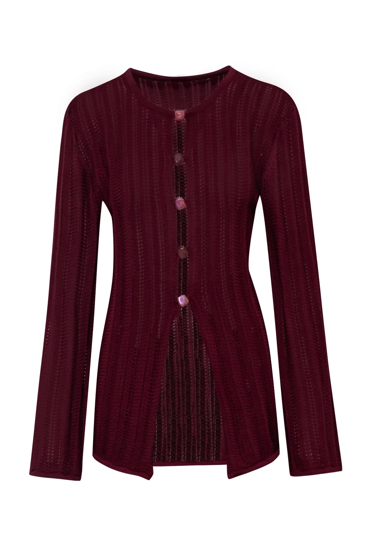 Burgundy Corsica Top, front view with Decorative slit and Long sleeves.