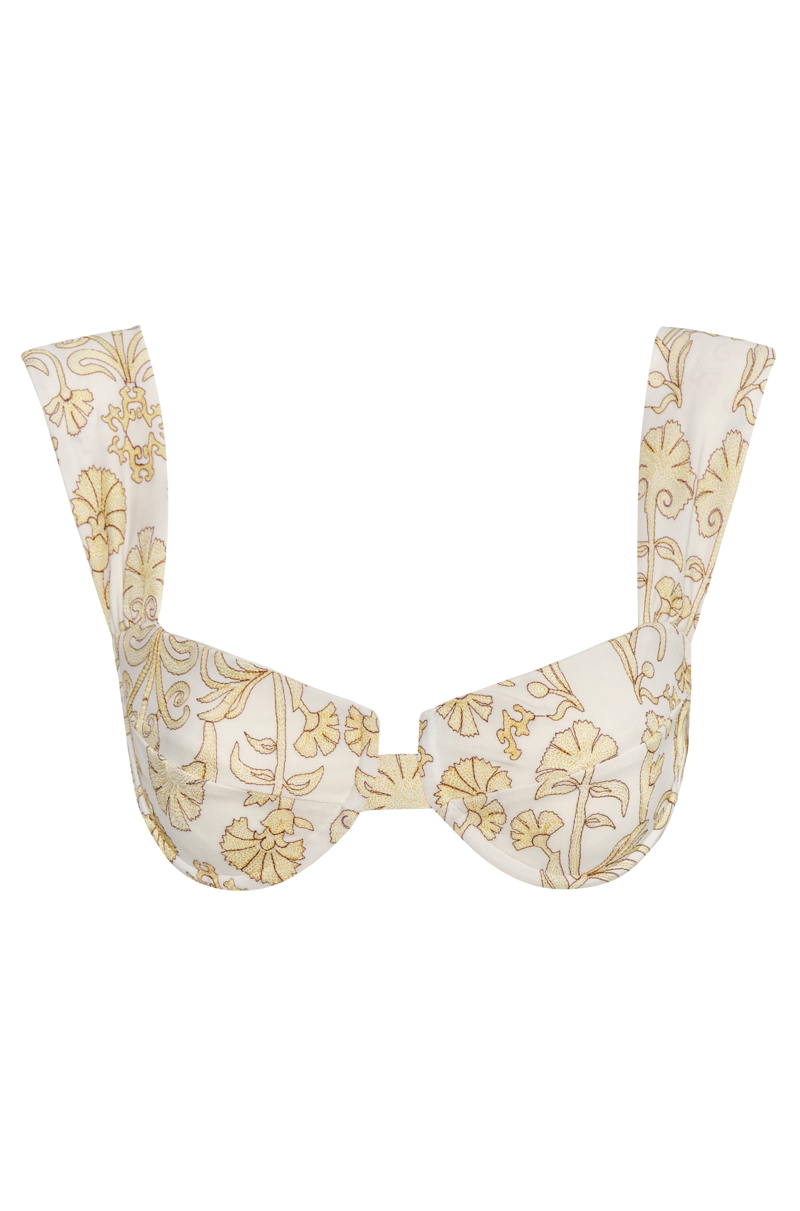 Ivory underwire bikini top with yellow floral embroidery and thick shoulder straps.
