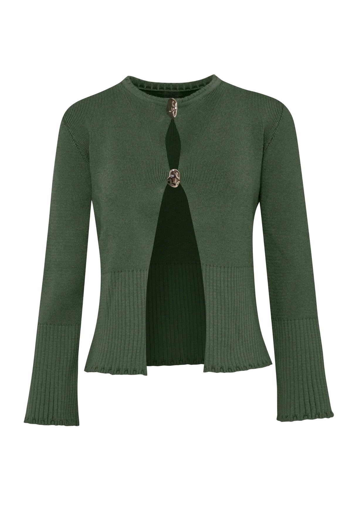 Sage green Meraky Sweater, front view with Chest slit and Knit fabric.