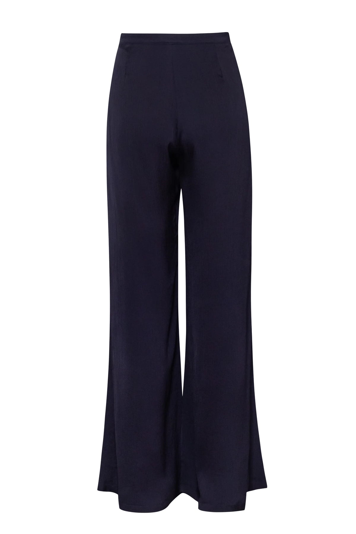 Ferrat Pants in night blue, Wide-leg silhouette with Textured fabric and Side zipper closure.