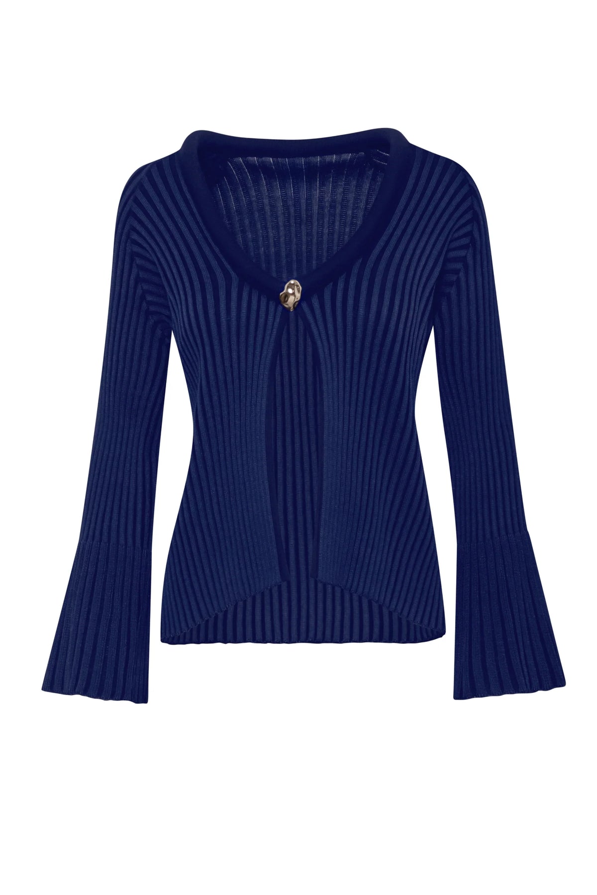 Night blue Lotus Sweater, front view with Slit and Knit fabric.