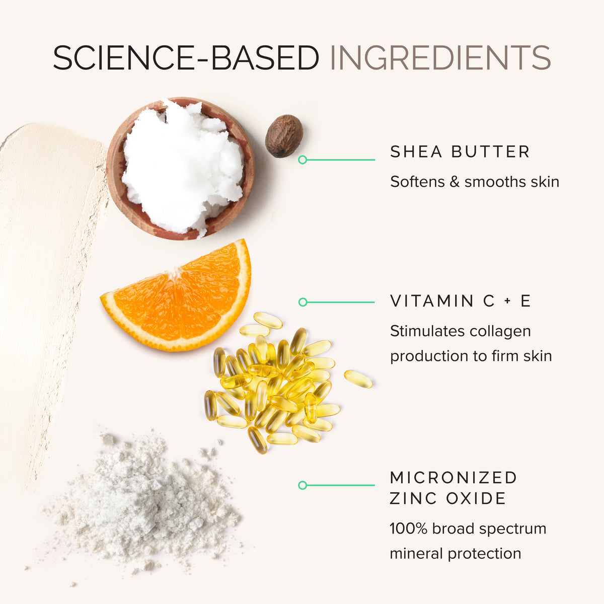 Science-based ingredients with shea butter, vitamin C+E, and micronized zinc oxide