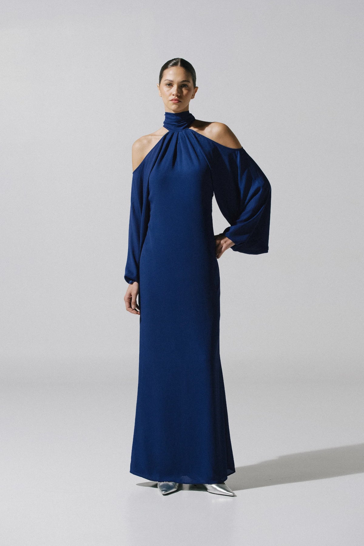 Biscay blue Dress with cold shoulder and elegant fall in Maxi length.