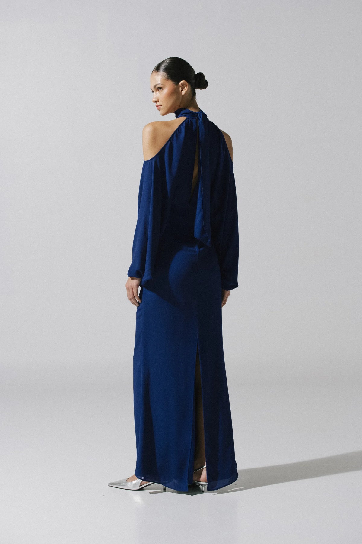 Biscay Dress in royal blue, Halter Neckline and fluid silhouette, sophisticated style.