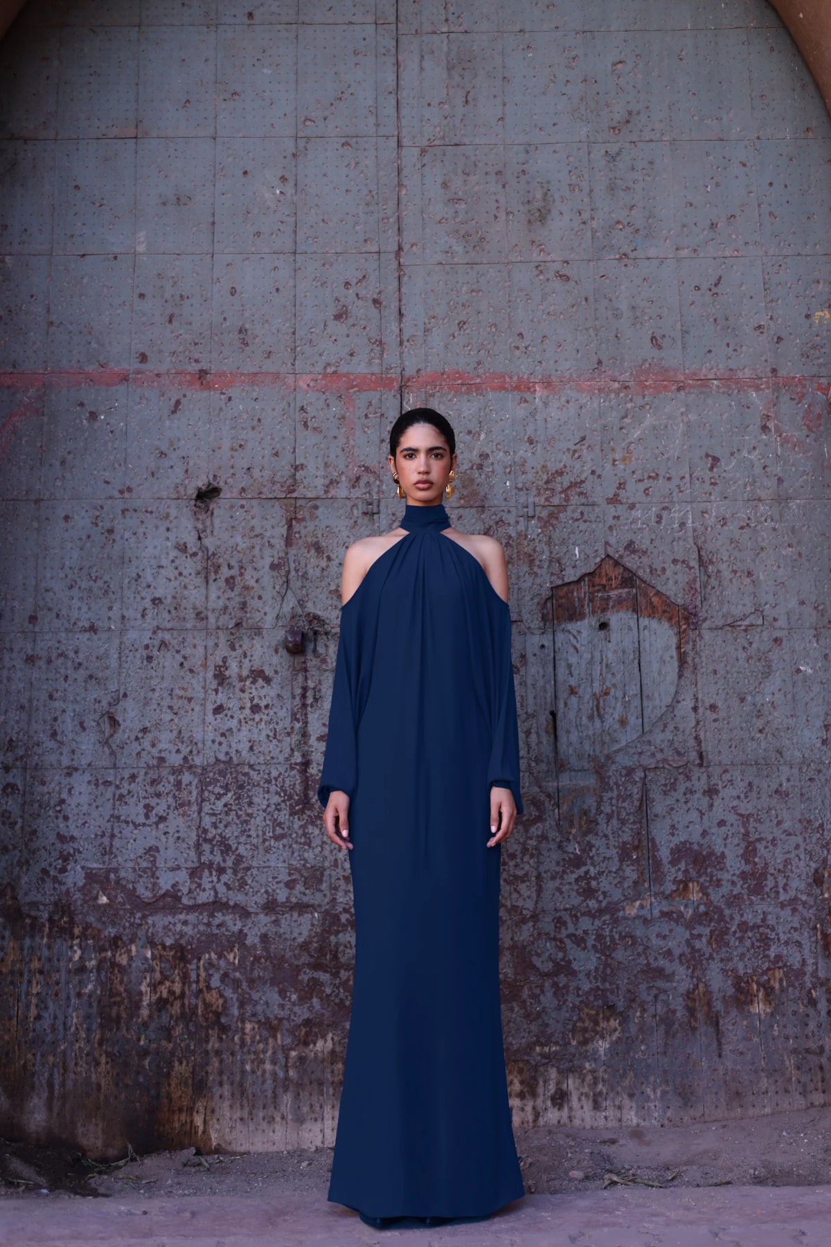 Biscay blue Dress with Open back, Halter Neckline and Back slit.
