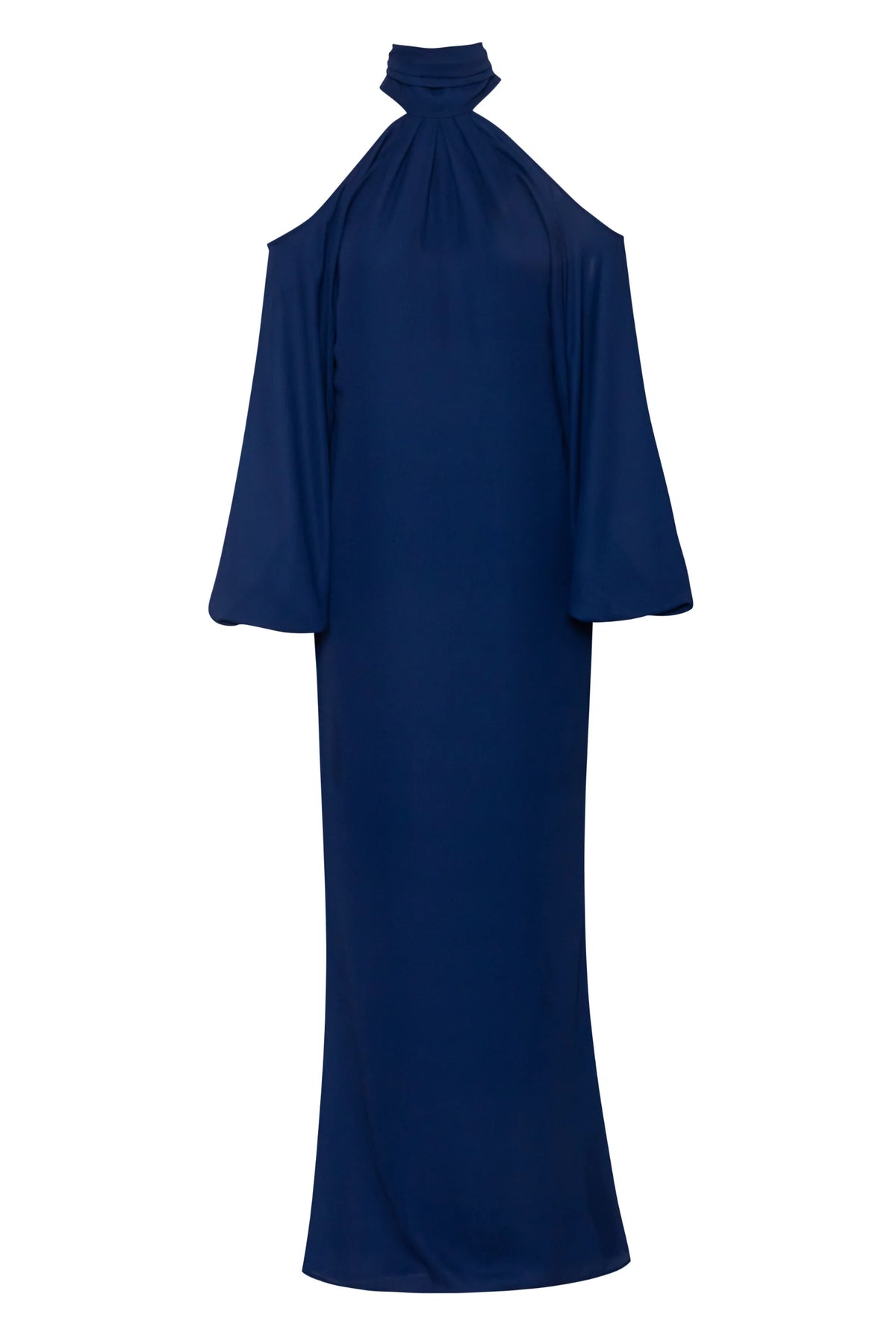 Biscay blue Dress with cold shoulder, fluid fabric and Halter Neckline.