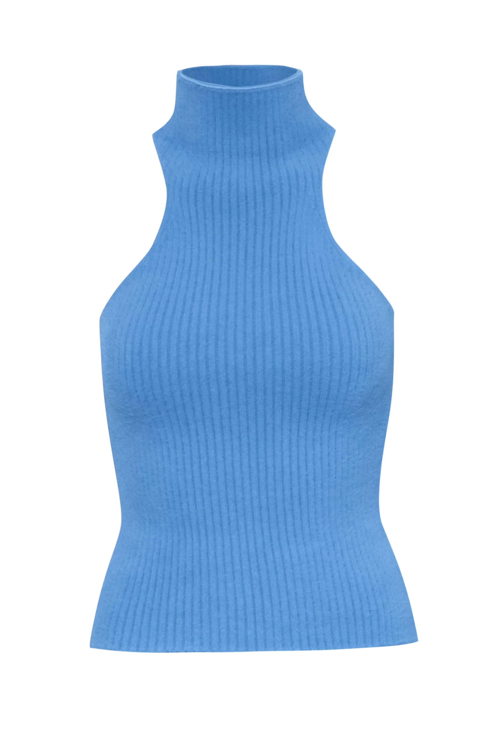 Night blue Lotus Top, front view with Ribbed texture and fitted silhouette.