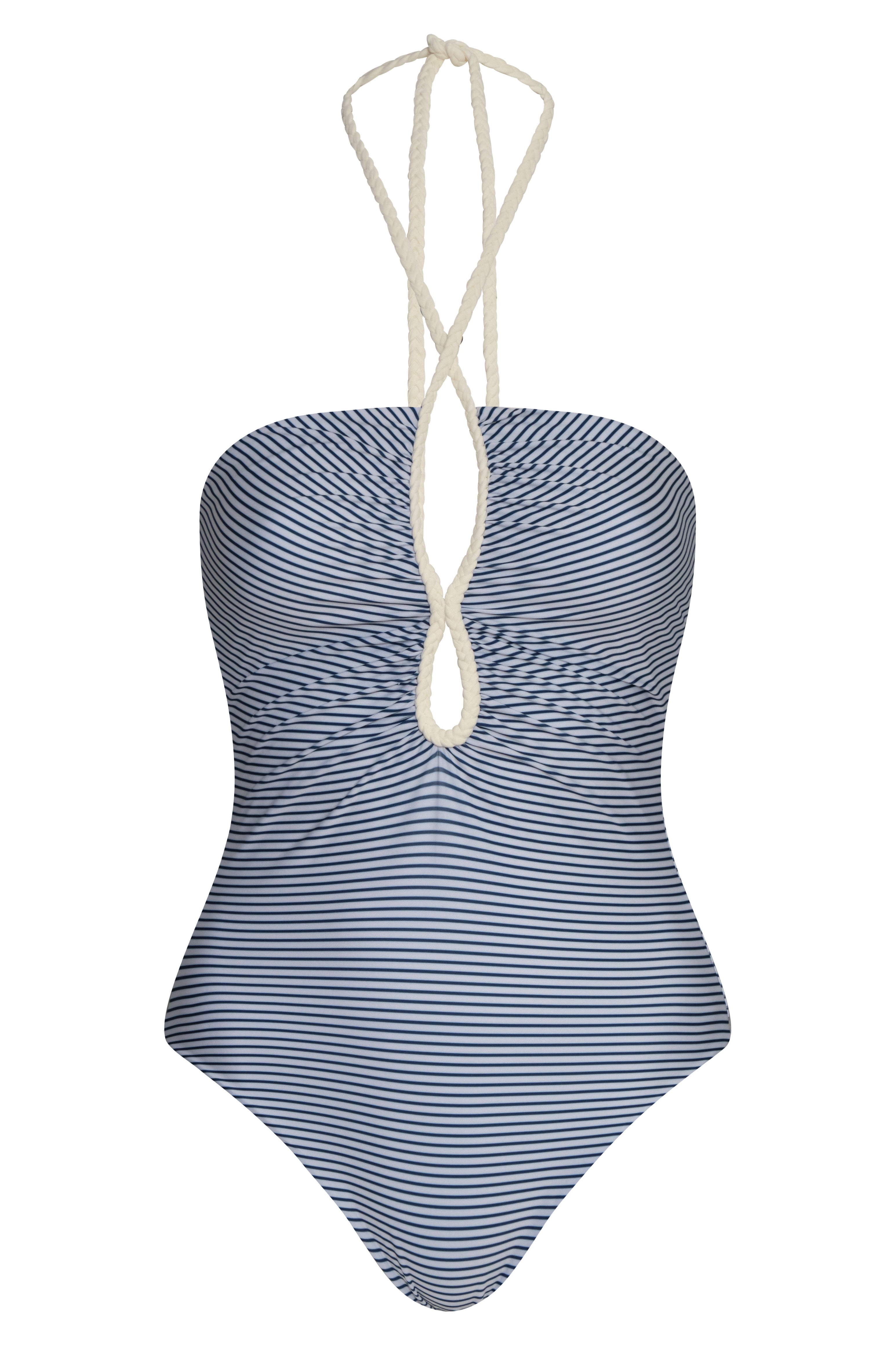 A navy and ivory striped one-piece swimsuit with a braided halter neck and front teardrop cutout.