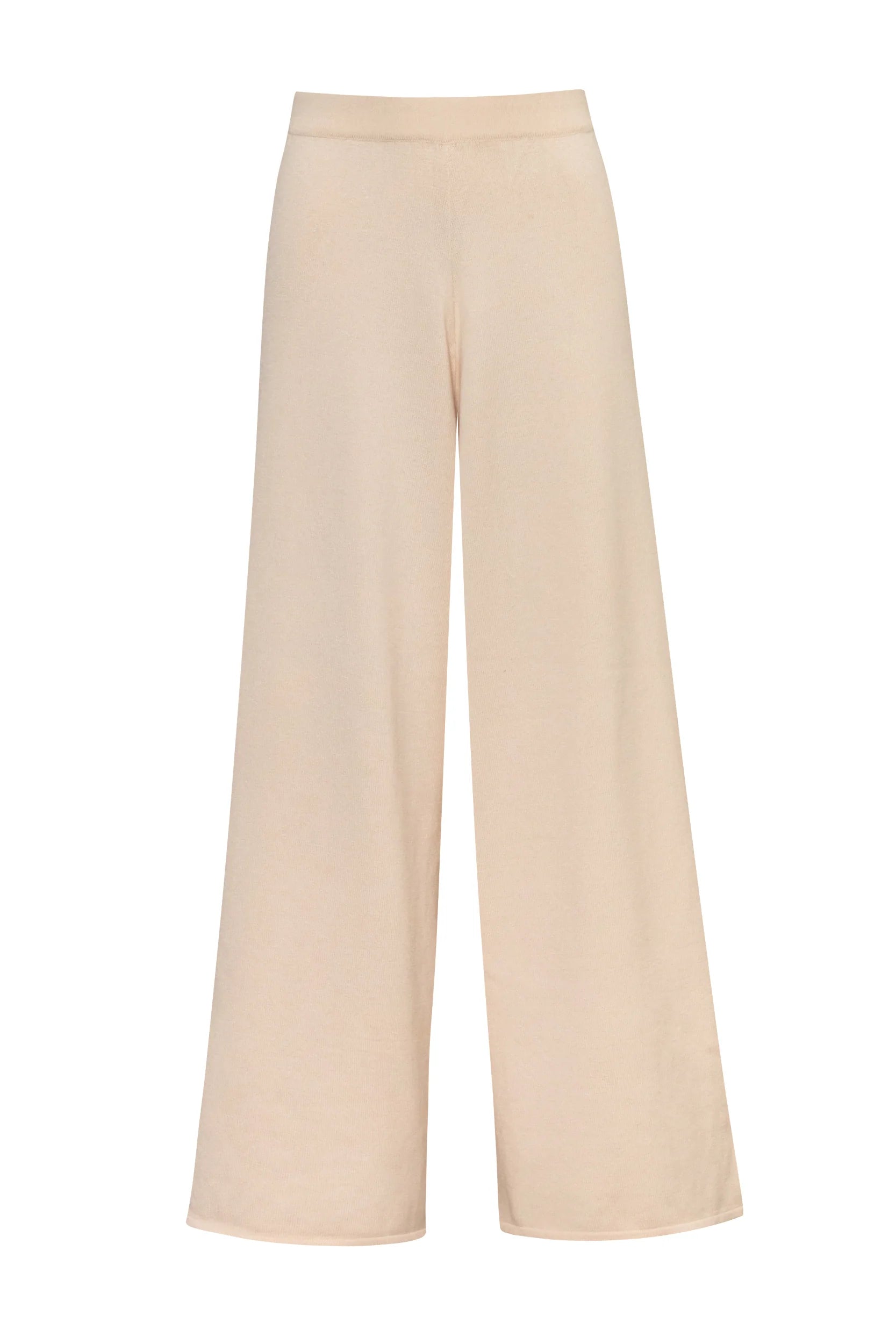 White cream Kyoto Pants, front view with fluid fall and Knit fabric.