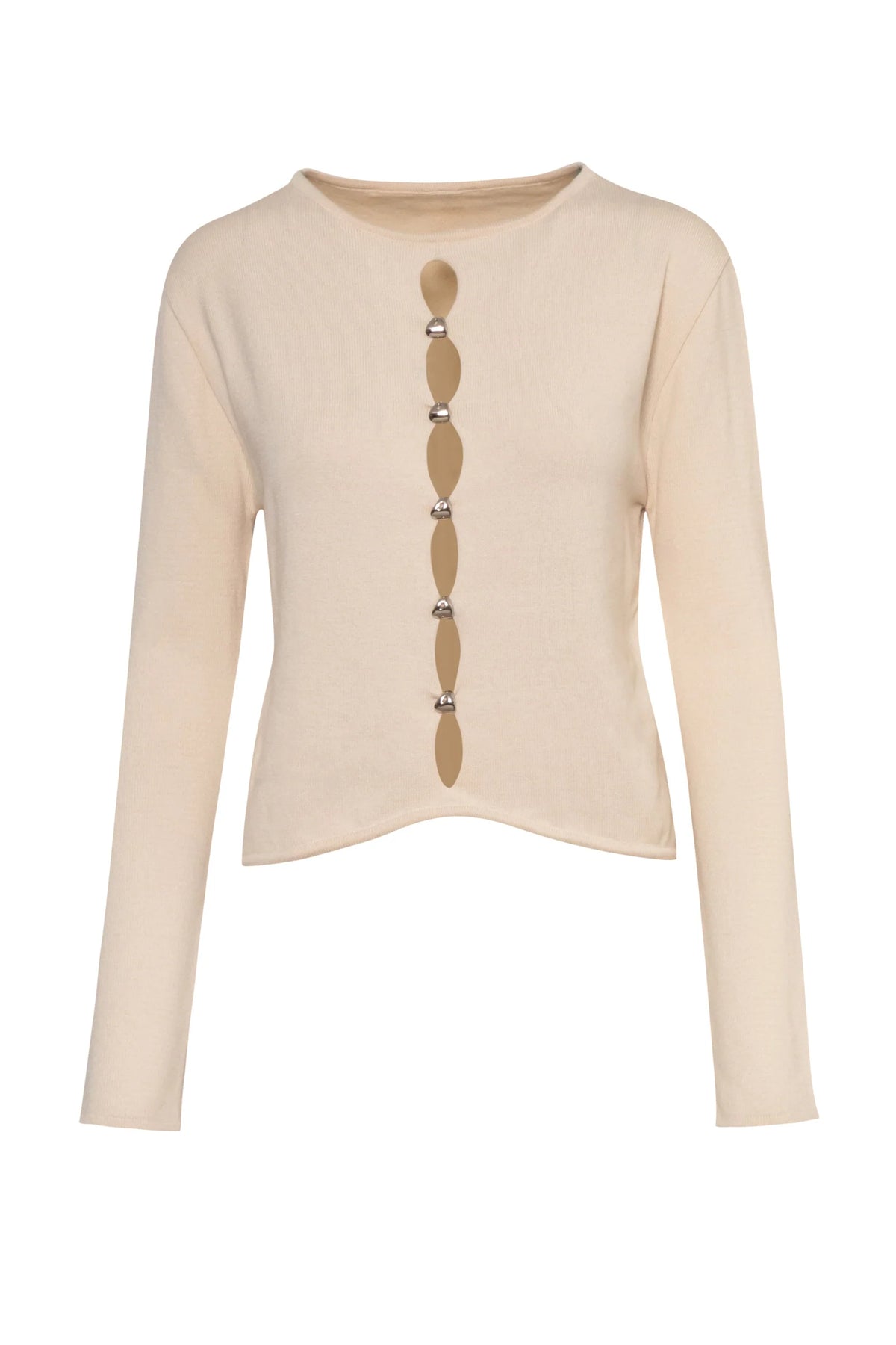 White cream Kyoto Top, front view with Long sleeves and Asymmetrical cut.