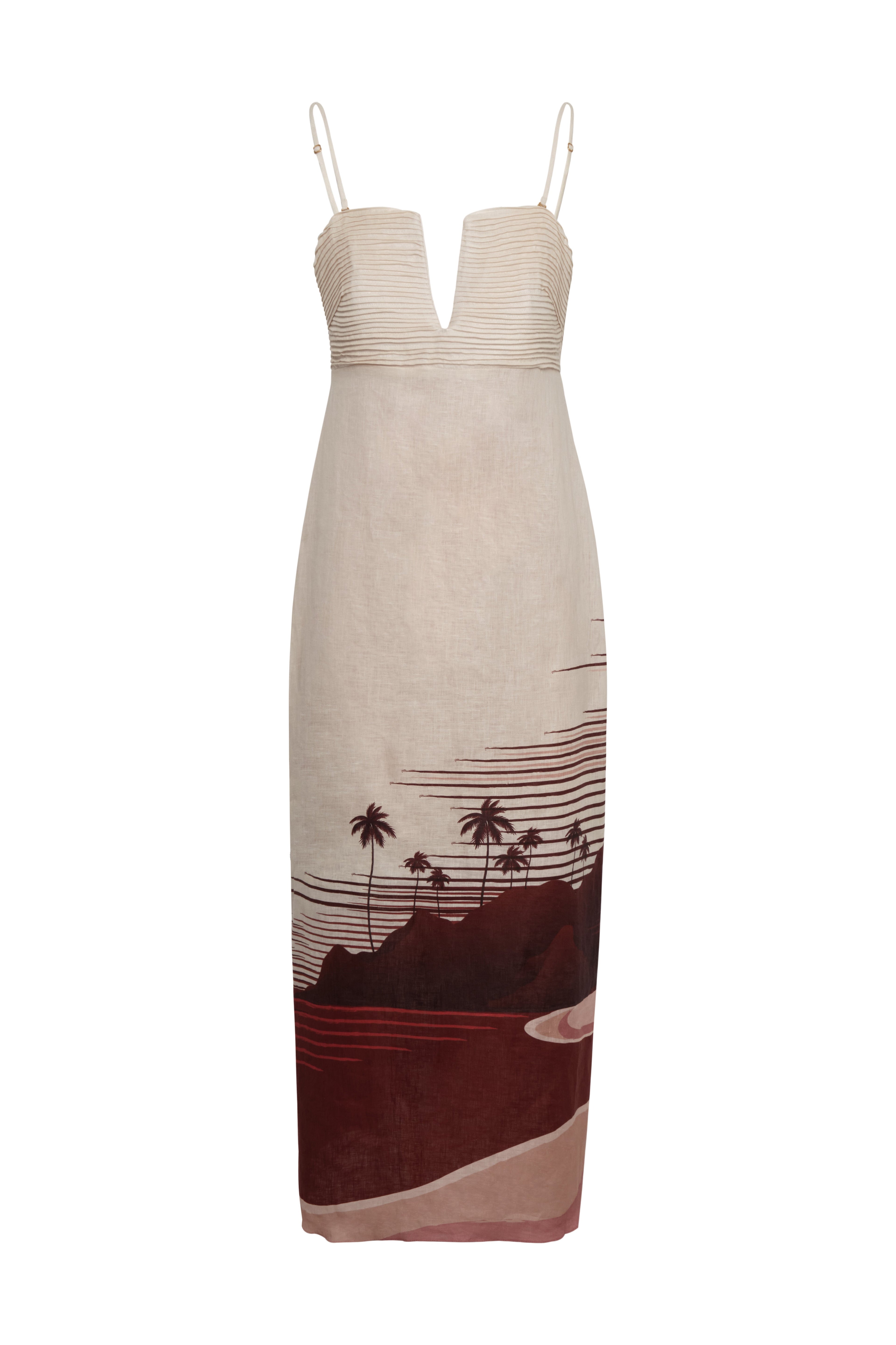 Antigüa Linen Midi Dress / Red Tropical Landscape
