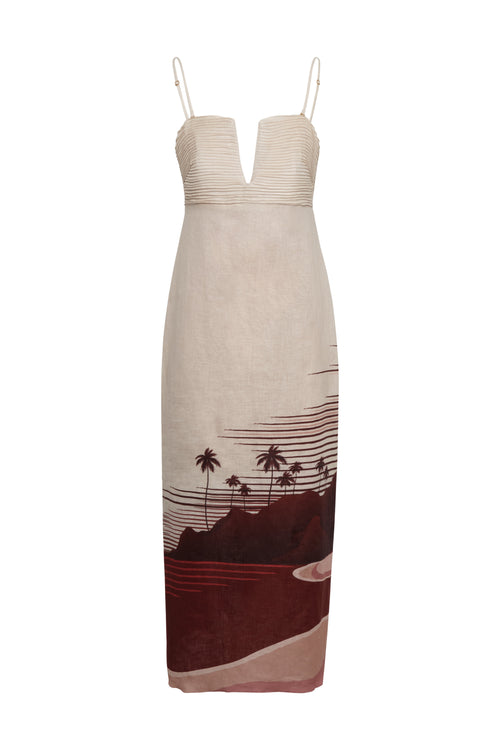 Antigüa Linen Midi Dress / Red Tropical Landscape