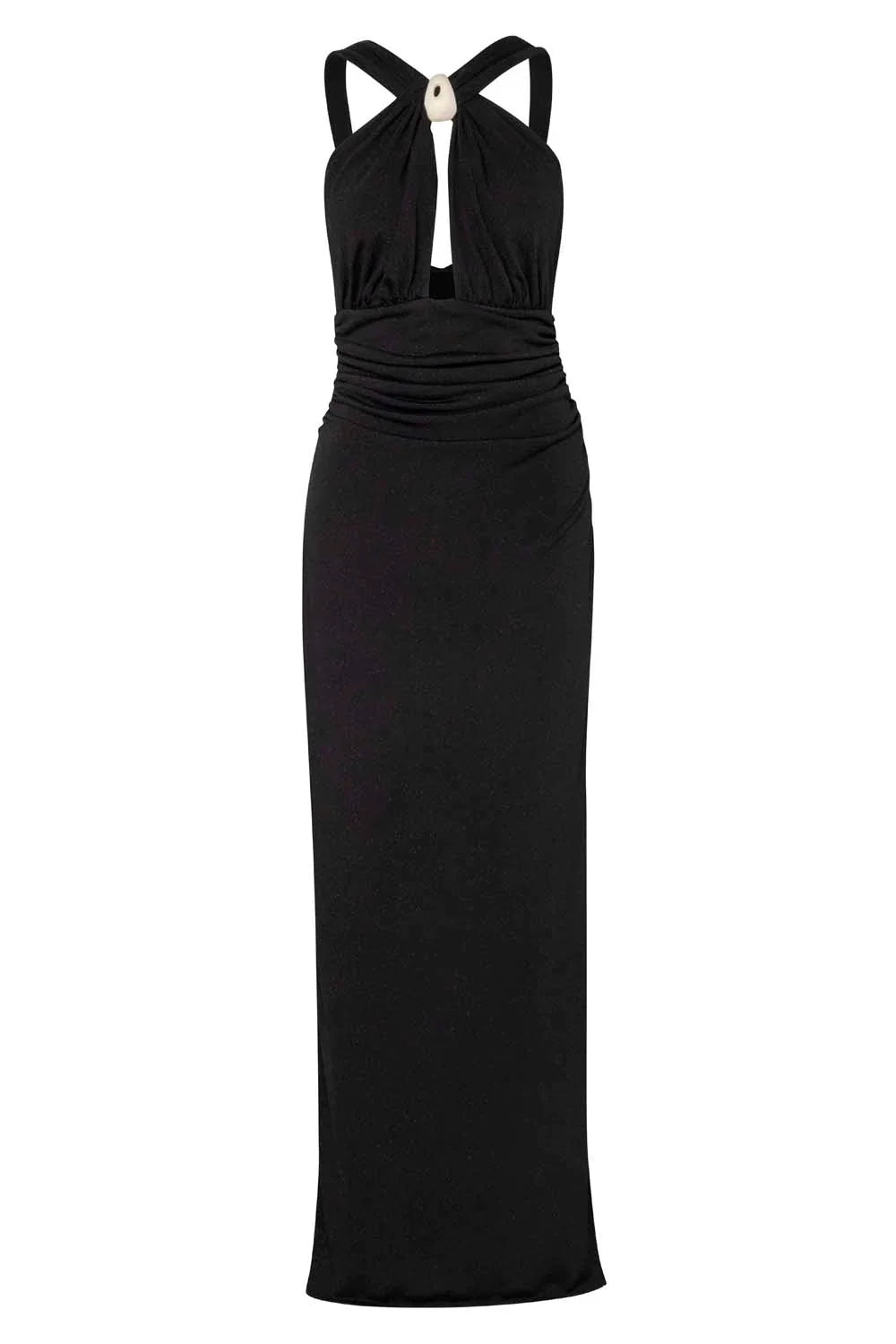 Black Giglio Dress, full front view with Ruched waist and Side slit.