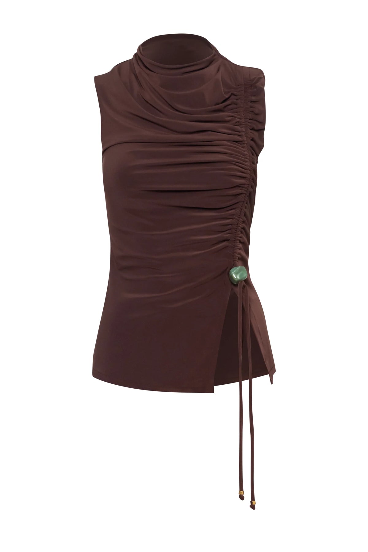 Cocoa Uli Top with Side slit, fitted fall and Glossy texture.