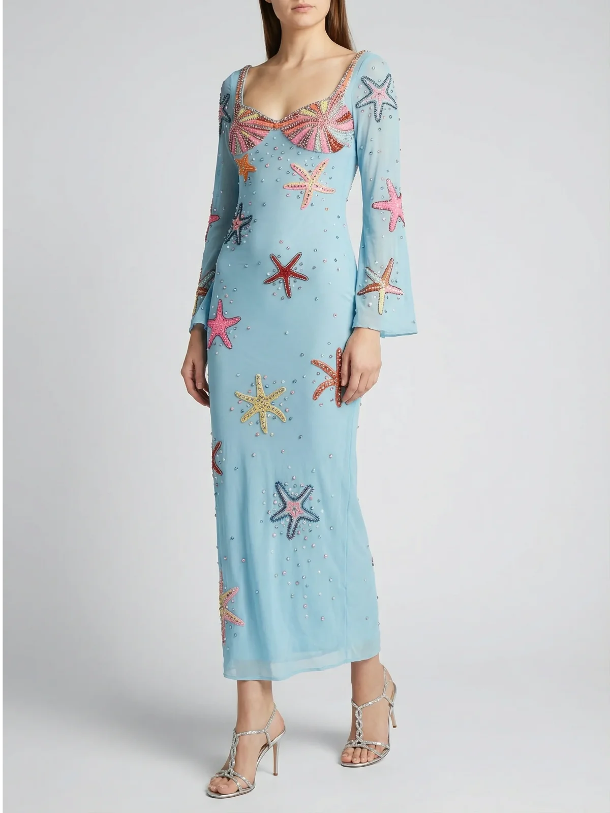 Crescent Shell Bell Sleeve Dress Blue
