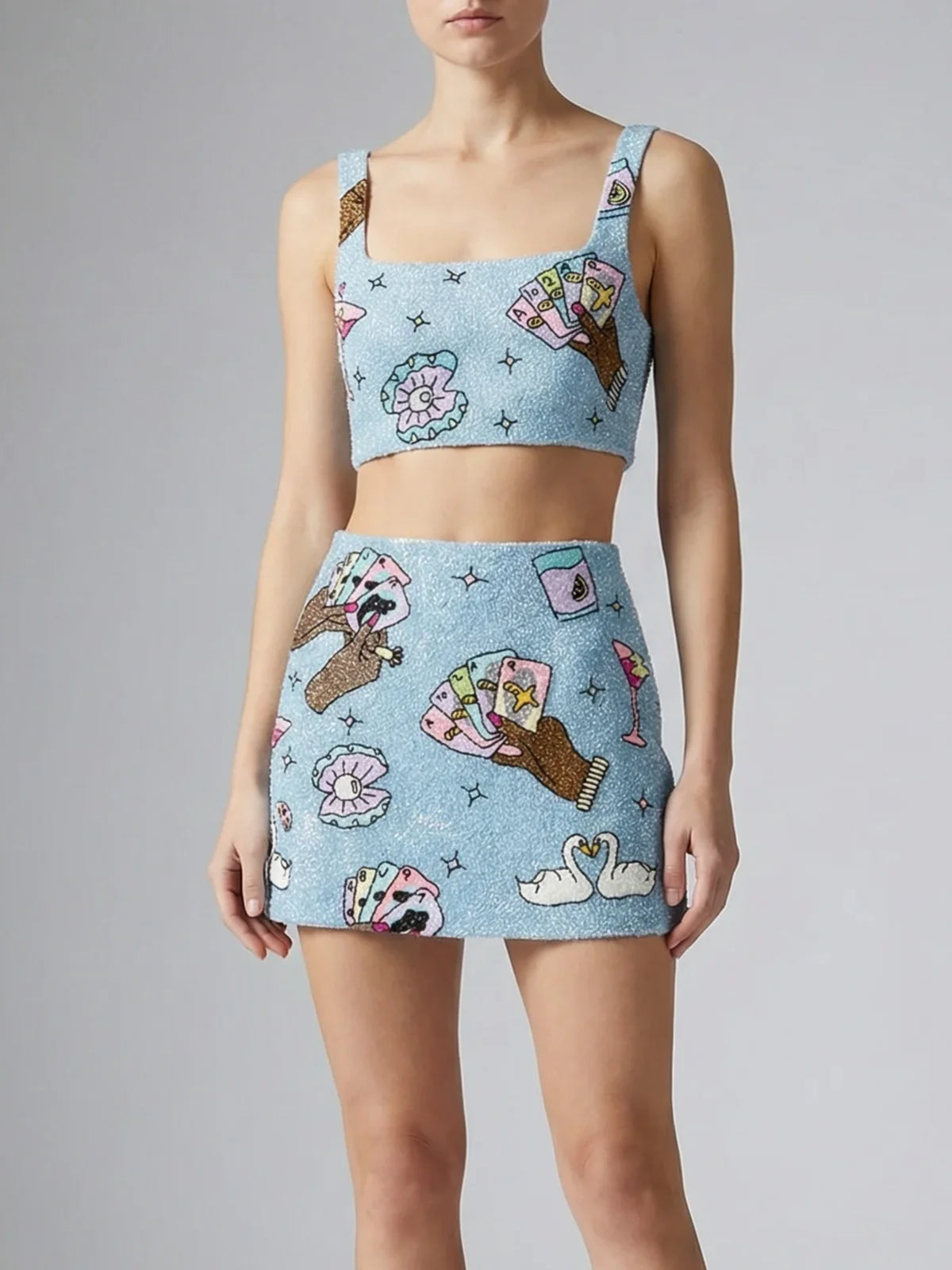 Vegas Beaded Mini Blue Party Beach Co Ord Skirt Blue