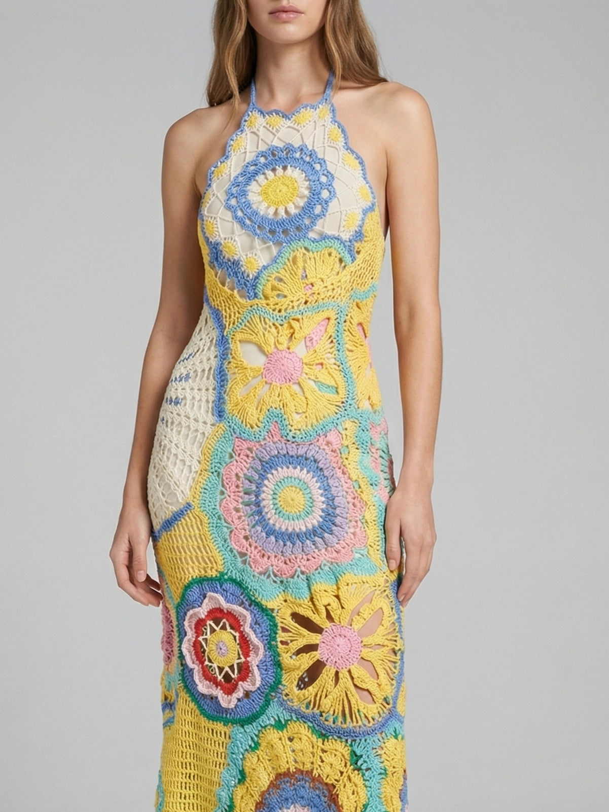 Aura Mosaic Yellow Blue Crochet Dress