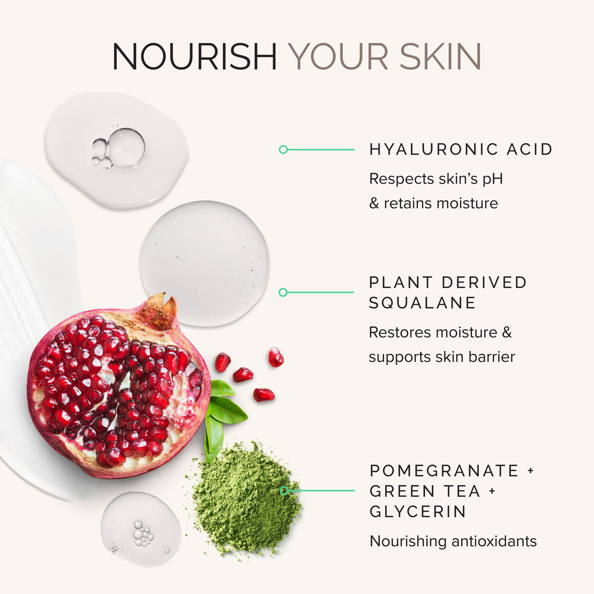 Skincare product with pomegranate, green tea, and glycerin