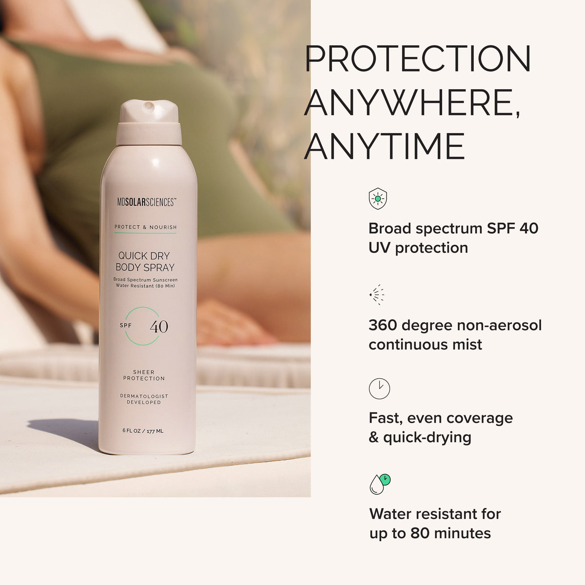 UVA Solar Sciences sunscreen spray bottle with product features 