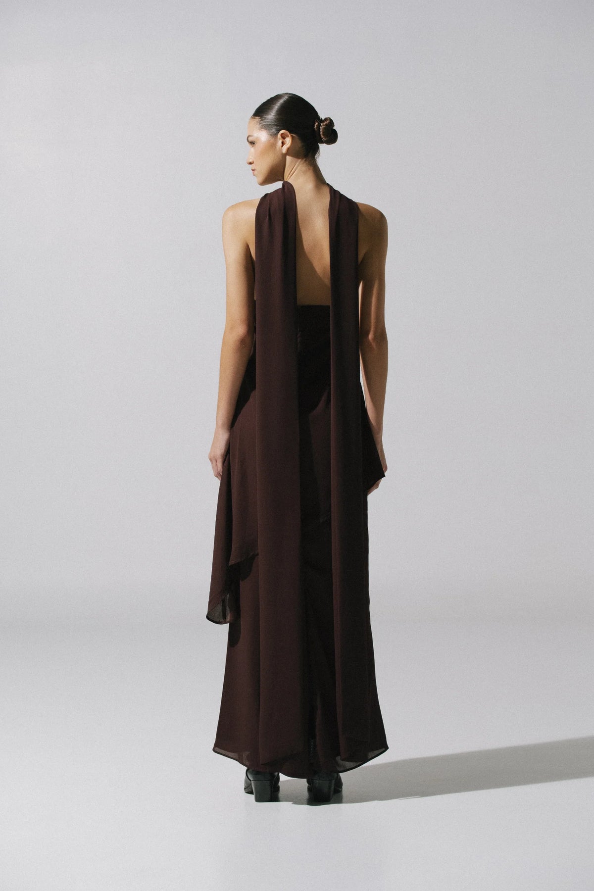 El Dress by Baobab in chocolate color, Strapless style with Scarf detail on shoulder and Maxi length.