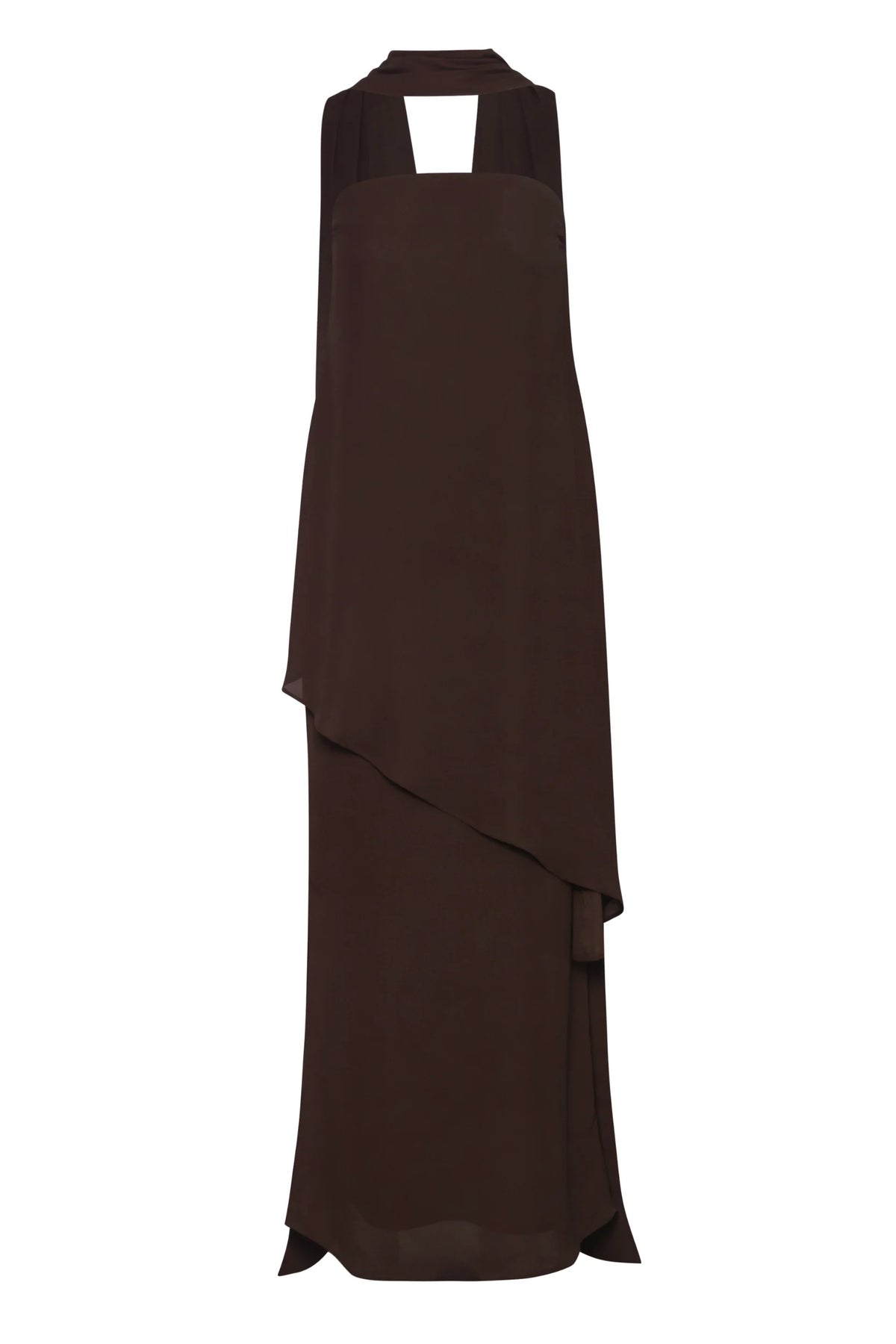 Chocolate El Dress with Strapless neckline, Scarf detail and structured silhouette.