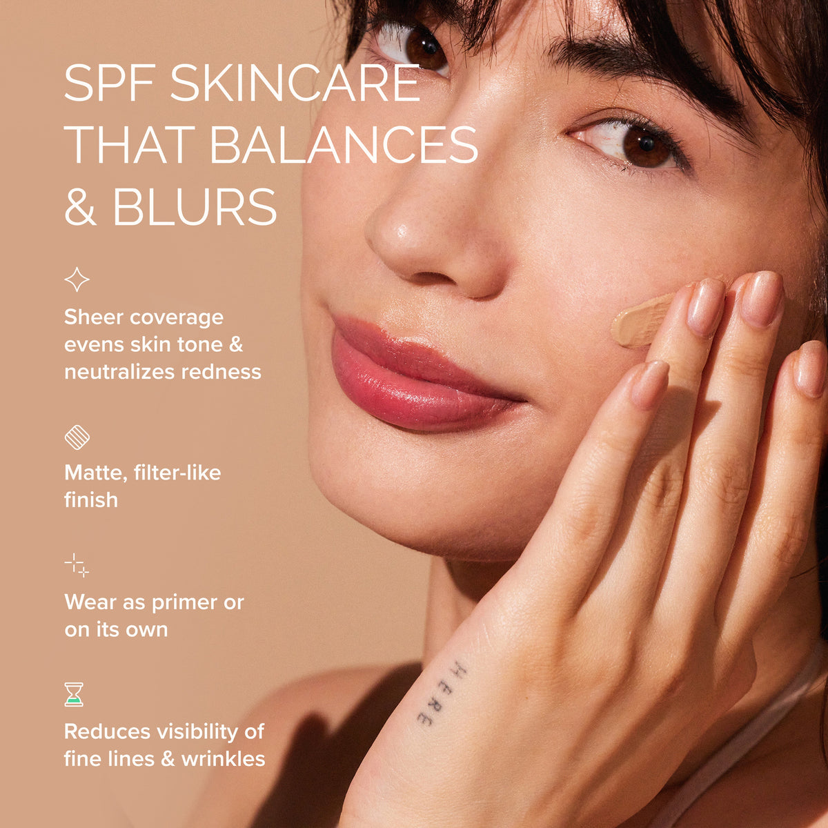 Woman applying skincare product with text about SPF skincare benefits