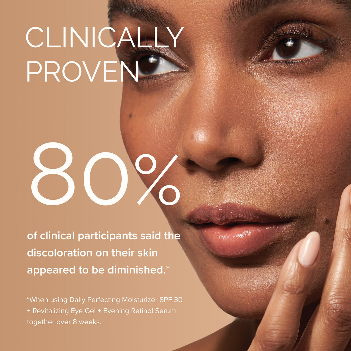 Advertisement for a skincare product with a woman's face and text about clinical results.