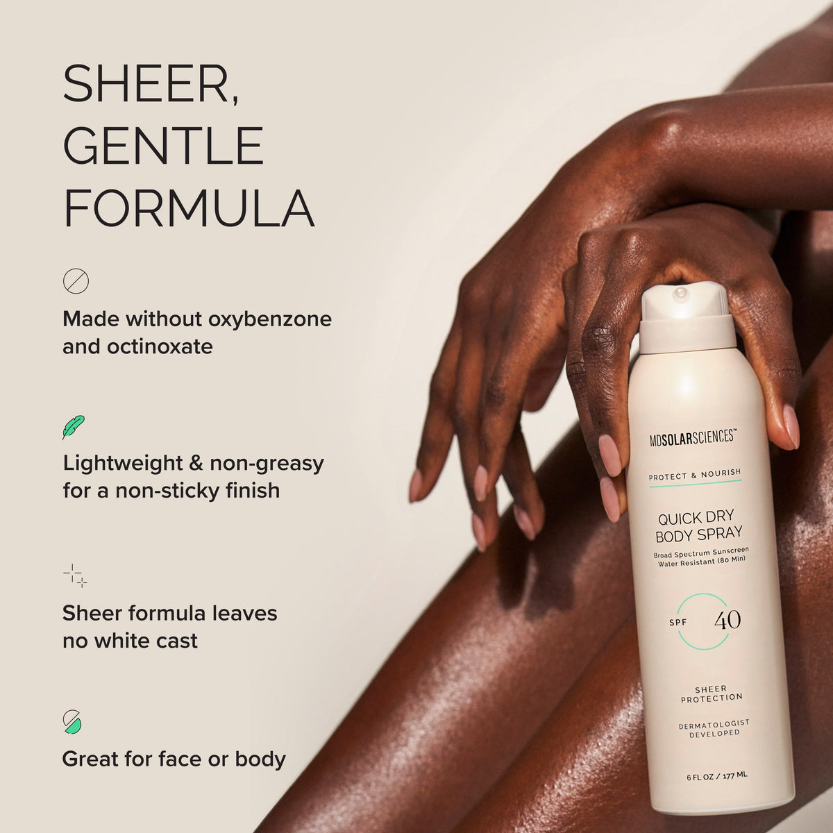 Body spray bottle with text about its properties 
