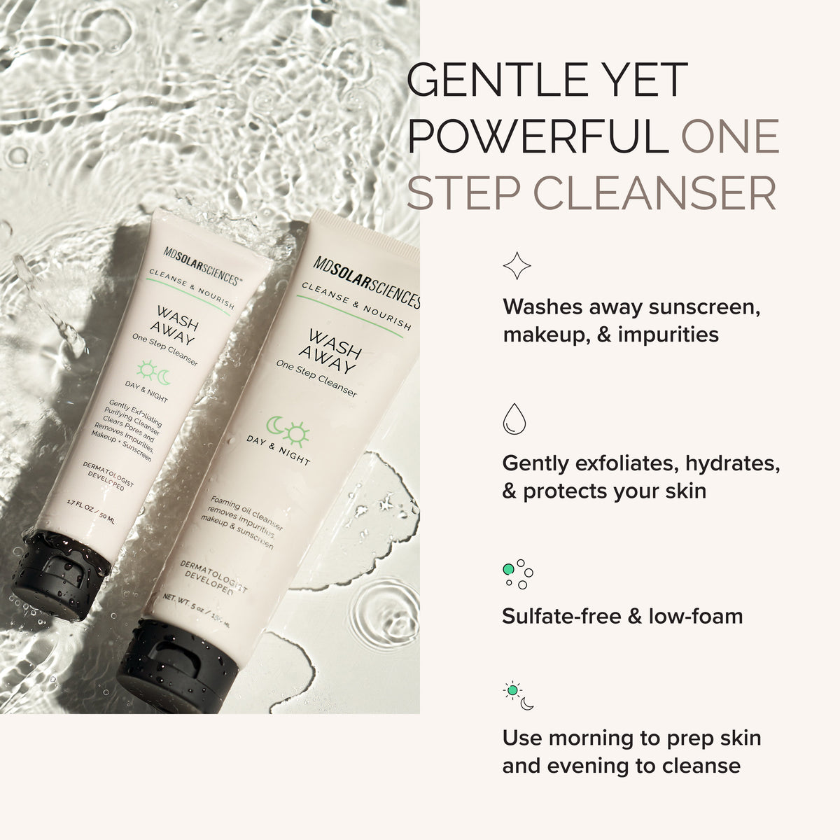 Two bottles of 'Wash Away' cleanser with text highlighting its features