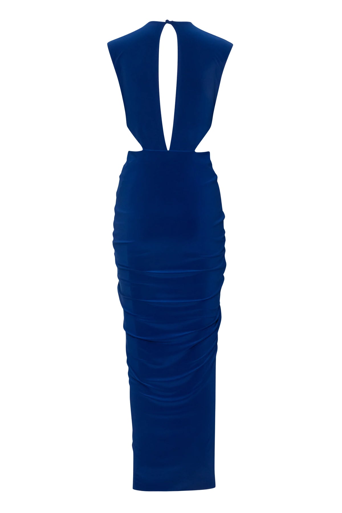 Royal blue Nia Dress with Open back, fluid fall and Ruched detail.