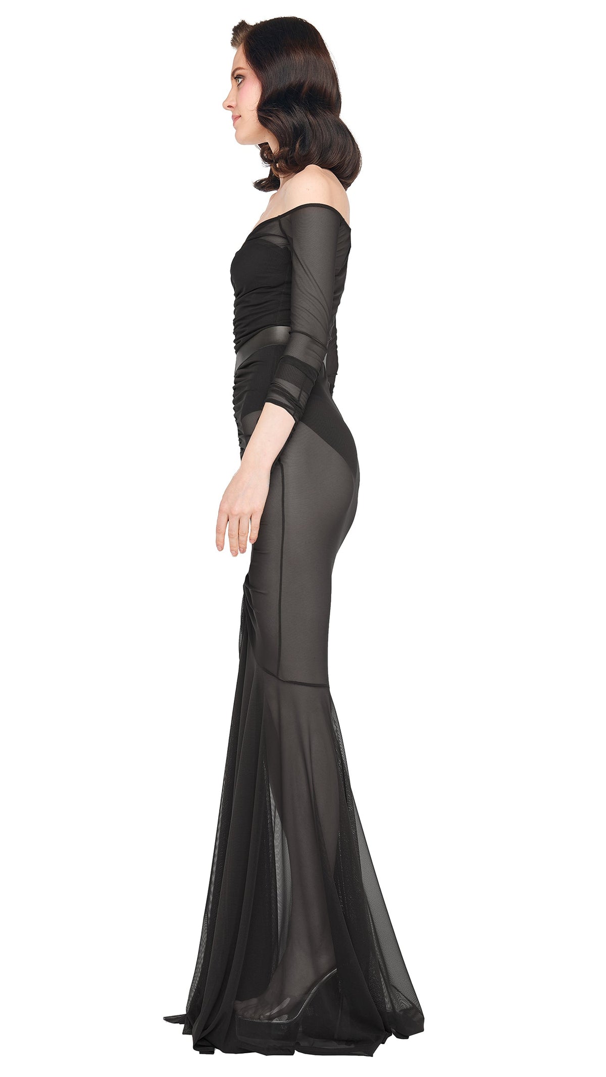 OFF SHOULDER SHIRRED FISHTAIL GOWN