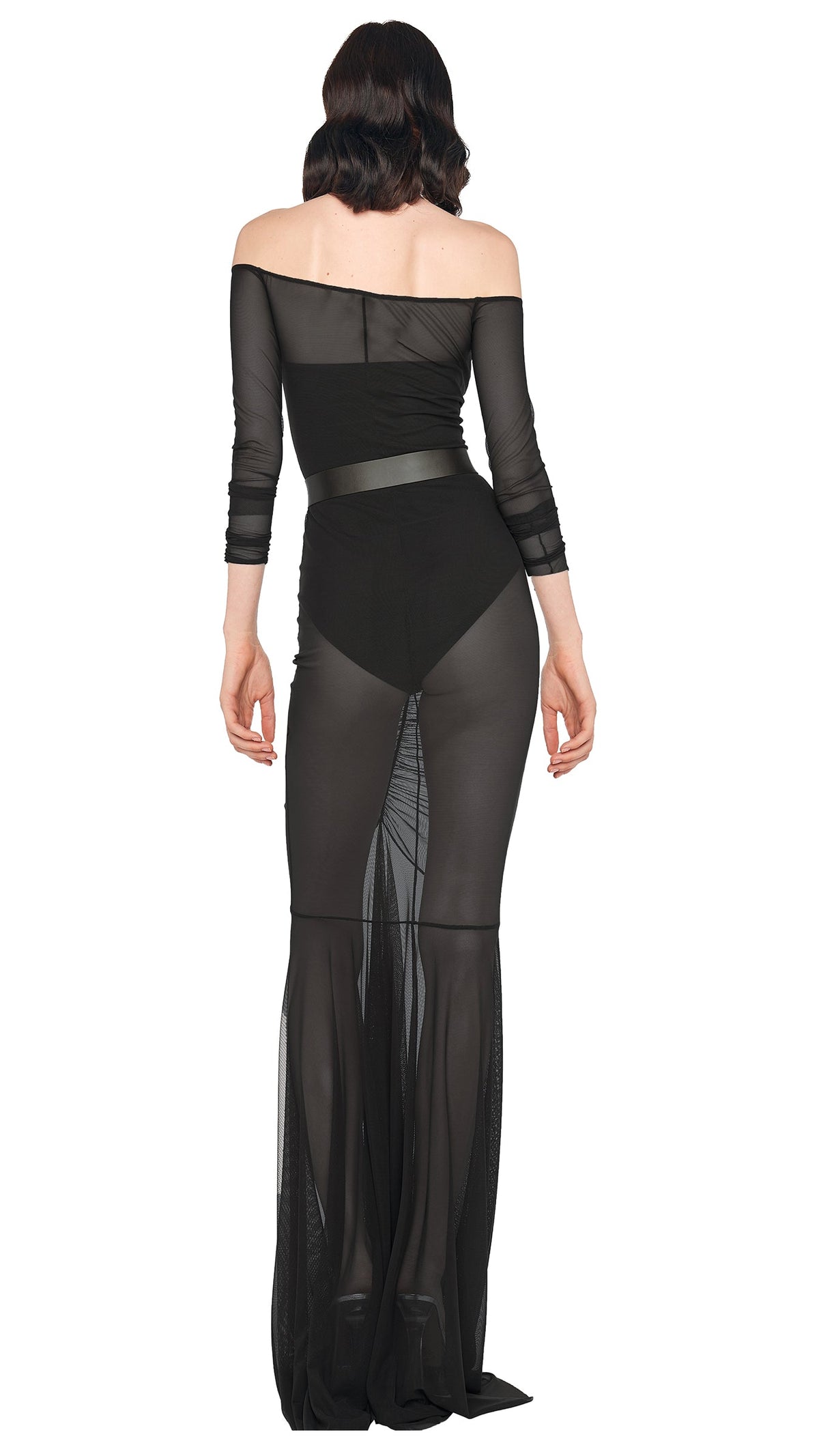 OFF SHOULDER SHIRRED FISHTAIL GOWN