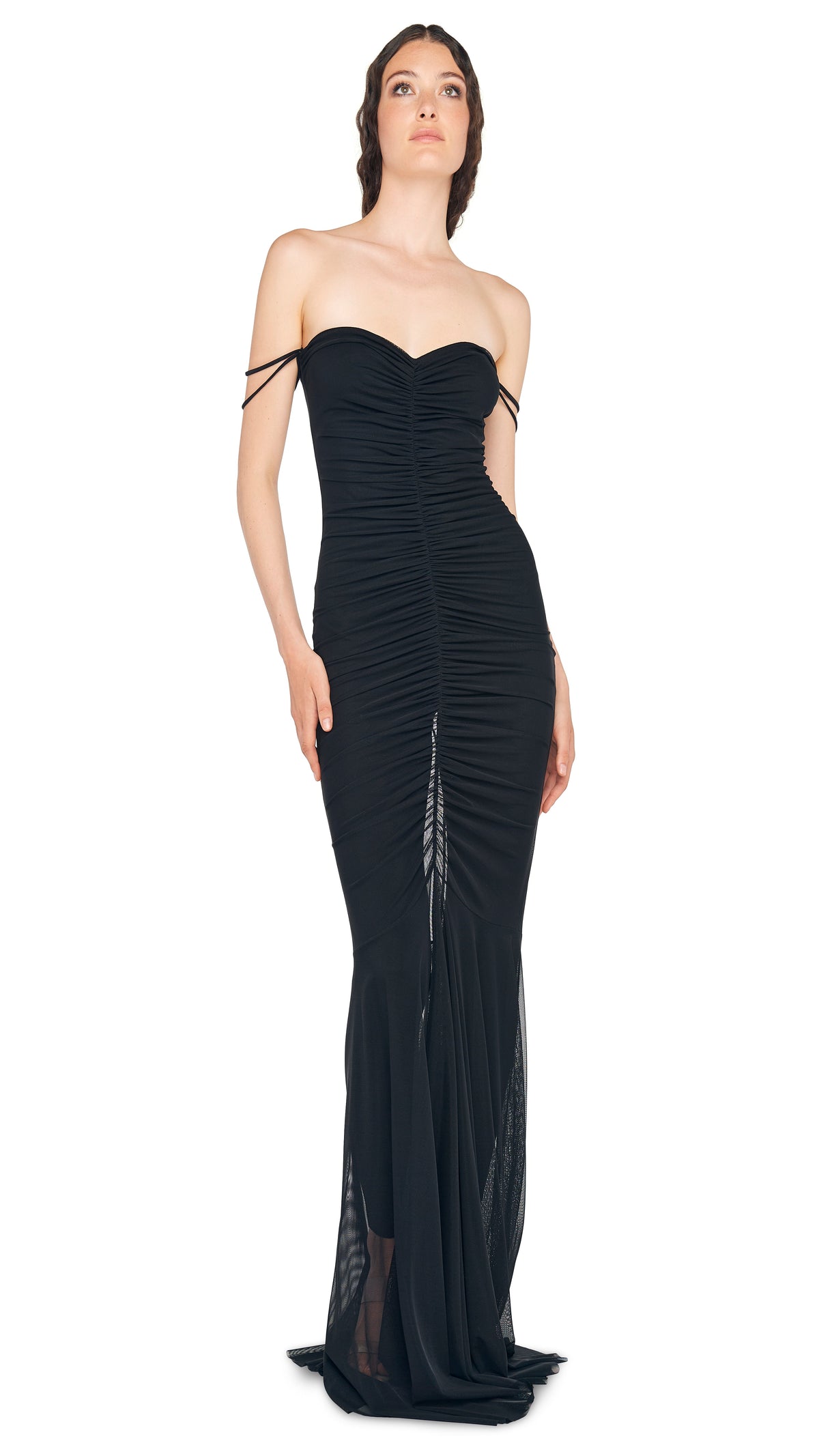 STRAPLESS SHIRRED FRONT FISHTAIL GOWN