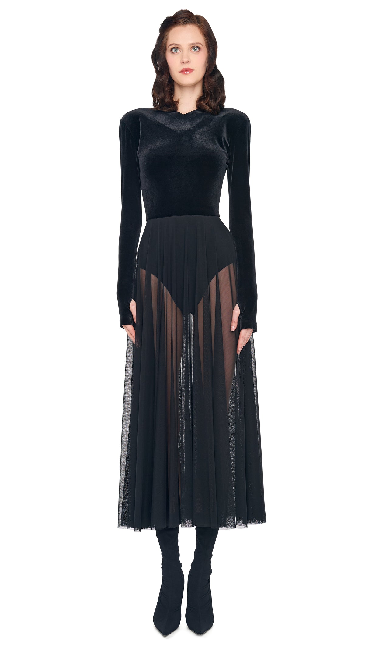 LS V NECK OPEN BACK FLARED DRESS