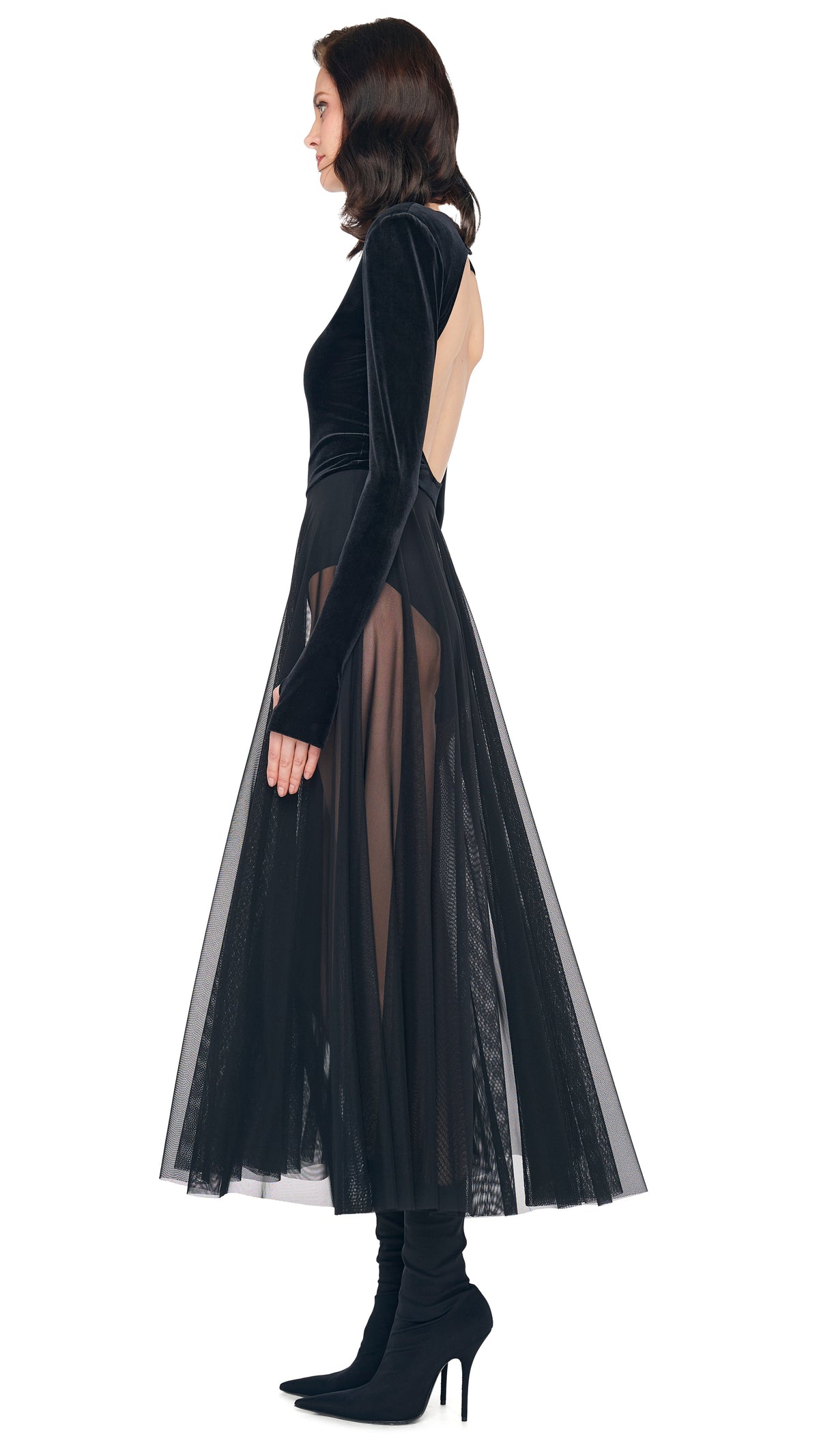 LS V NECK OPEN BACK FLARED DRESS