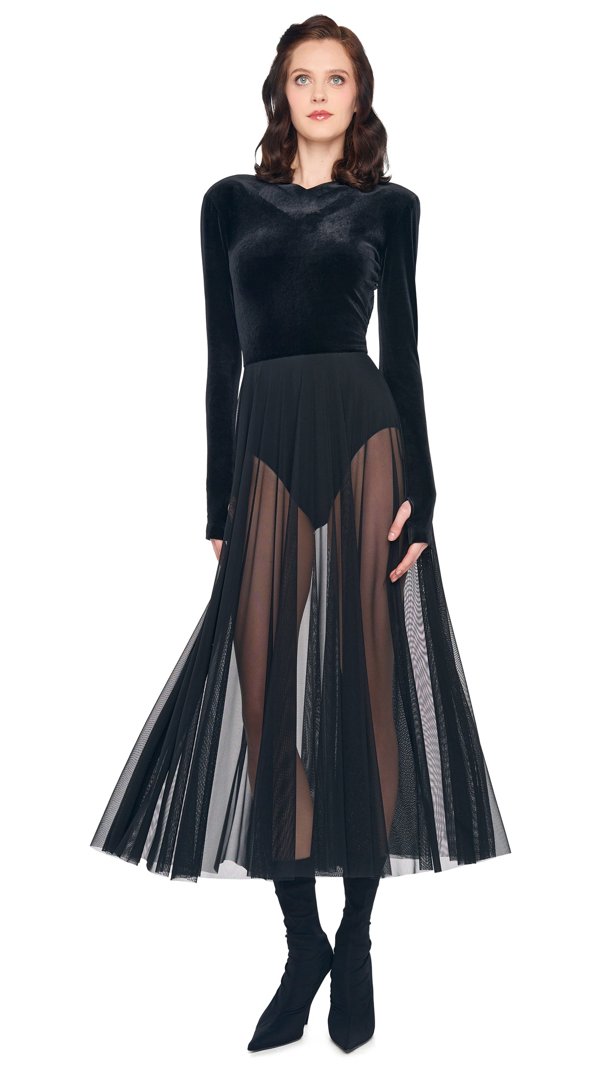 LS V NECK OPEN BACK FLARED DRESS