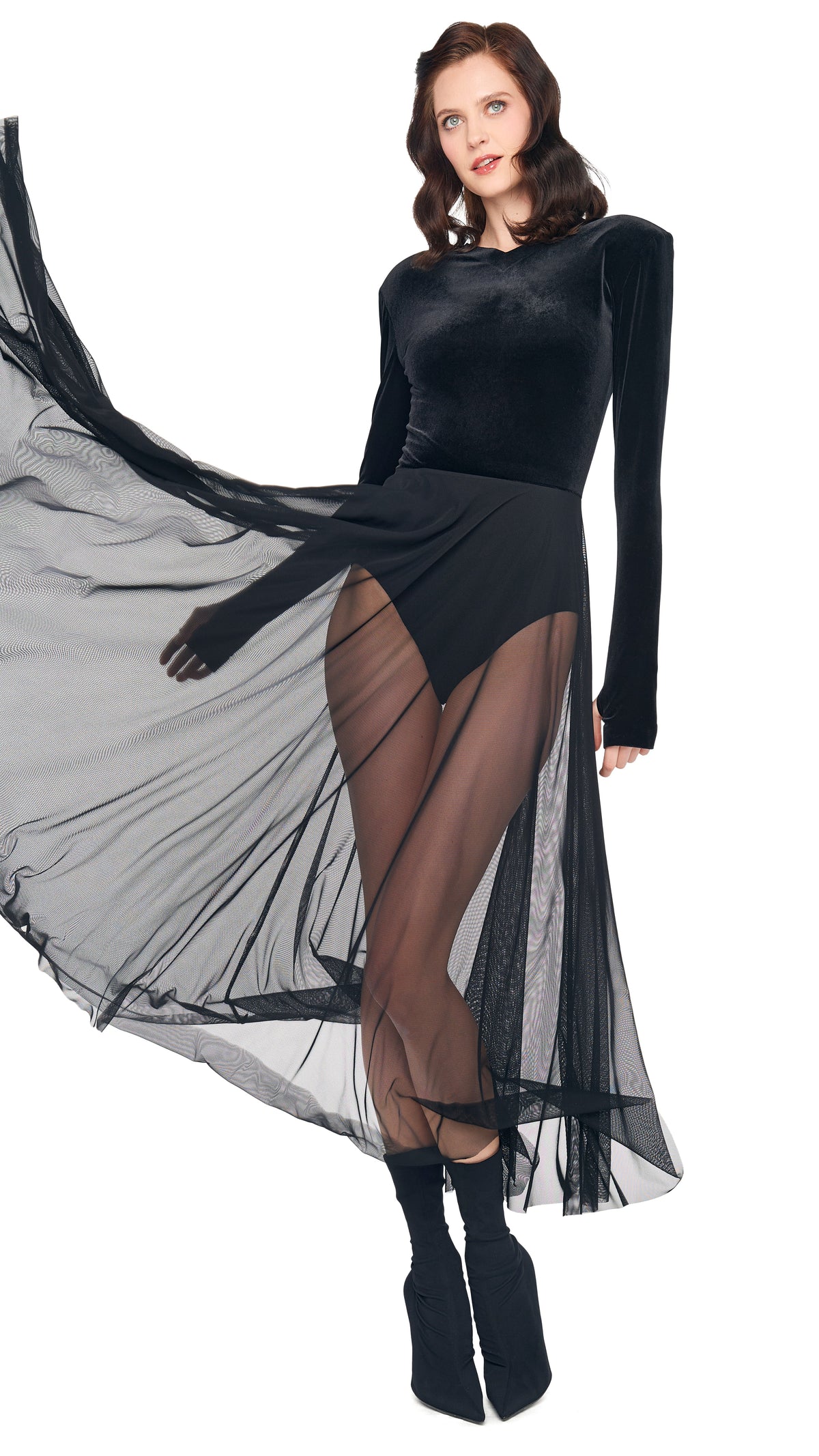 LS V NECK OPEN BACK FLARED DRESS
