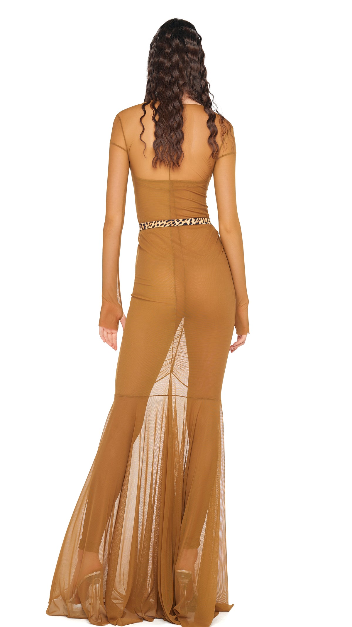 LS V NECK SHIRRED FRONT FISHTAIL GOWN